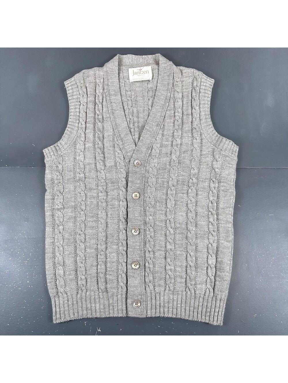 VTG Jantzen Sweater Vest Men Sm/Med Gray Wool Cable Knit Cardigan Academia 70's
